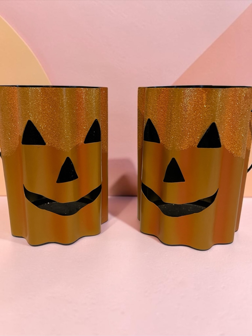 Pair of Halloween Pumpkin Jack-O'-Lantern Candle Holders - Orange
